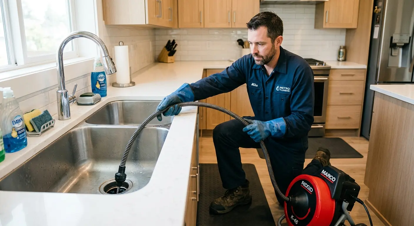 Drain cleaning technician using a motorized snake on a kitchen sink in Beaver Falls