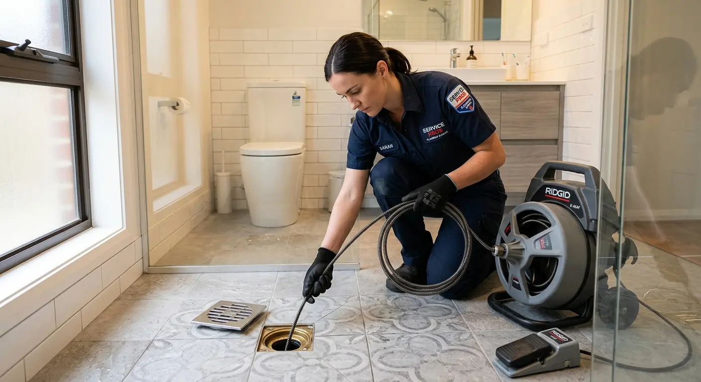 Technician clearing a bathroom floor drain for Sewer Line Replacement in Beaver Falls